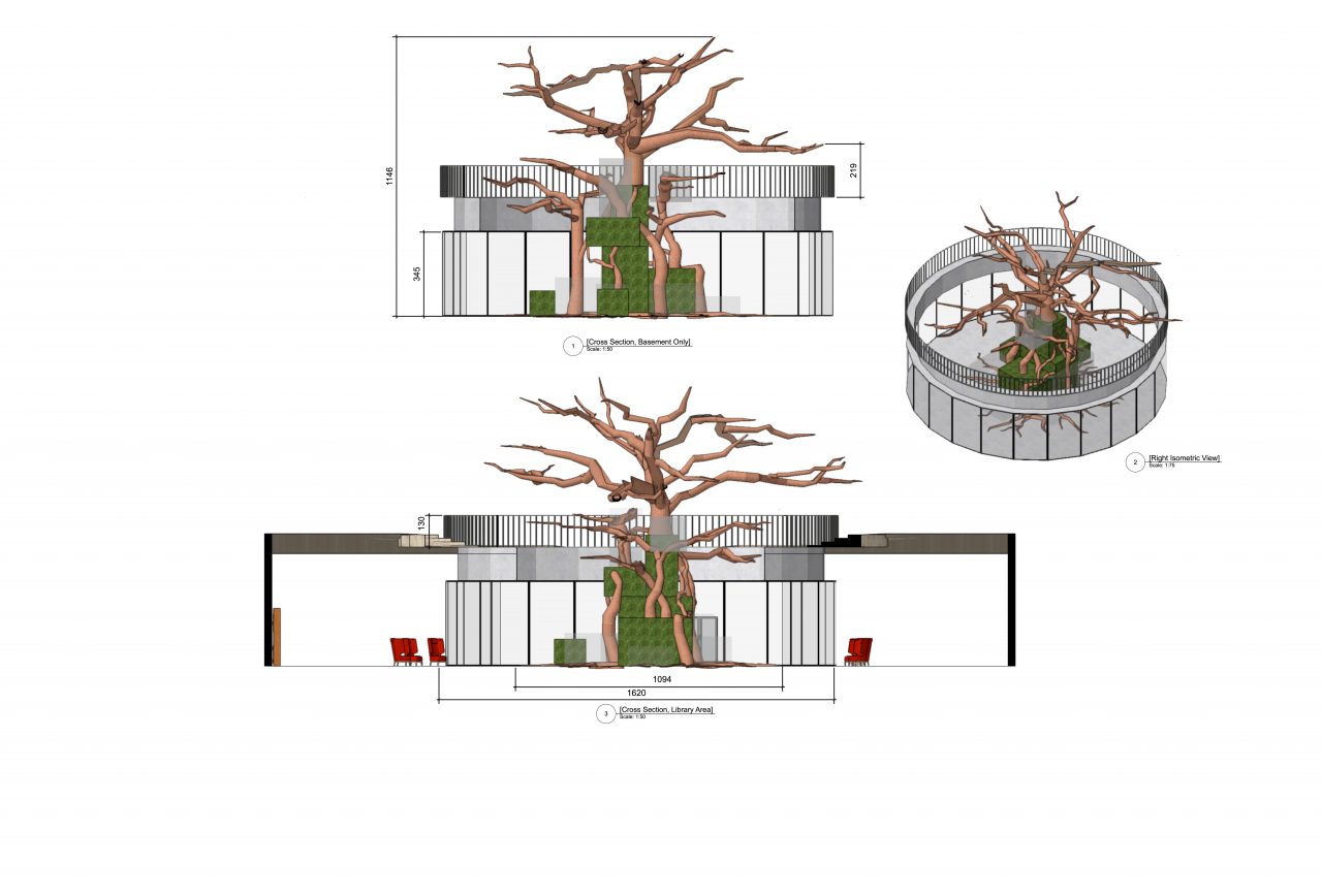 Vectorworks cross section images of a large scale installation. Large brown branches stem from glass and moss cubes underneath.