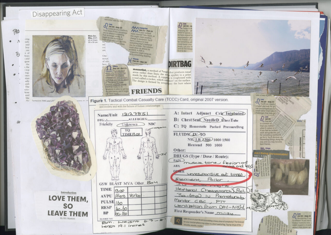 Sketchbook spread of a collage with newspaper, medical report sheet and photograph of beach, picture of an amethyst crystal