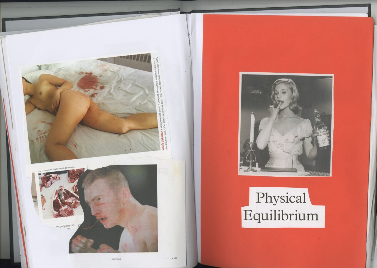 Collage of vintage ad, performance piece about menstruation, images of red meat, blood