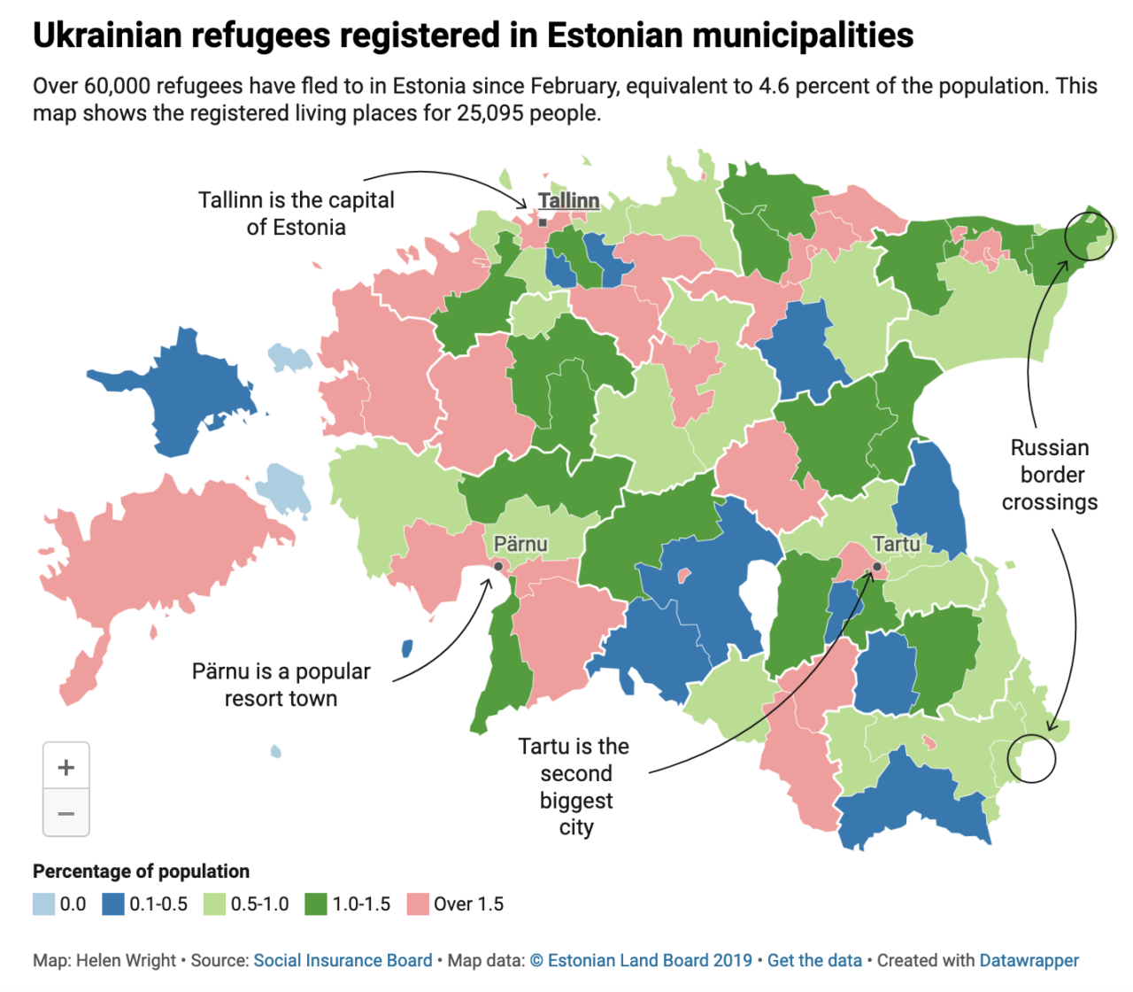 Ukrainian refugees registered in Estonian municipalities: Over 60,000 refugees have fled to in Estonia since February, equivalent to 4.6 percent of the population. This map shows the registered living places for 25,095 people.