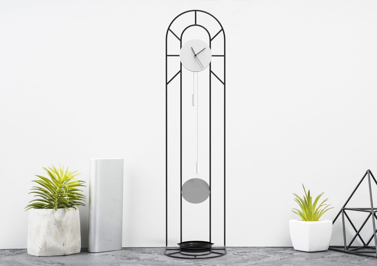 Amathos - A conceptual grandfather clock with a silhouette of black powder coated tubular steel. Its arched steel frame stands at around 6ft tall, with weights hung from the face filled with sand that is slowly released into the dish below.