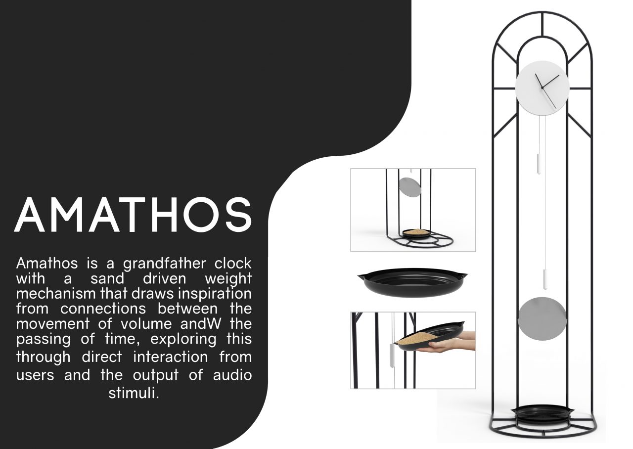 Amathos - A conceptual grandfather clock with a silhouette of black powder coated tubular steel. Its arched steel frame stands at around 6ft tall, with weights hung from the face filled with sand that is slowly released into the dish below.