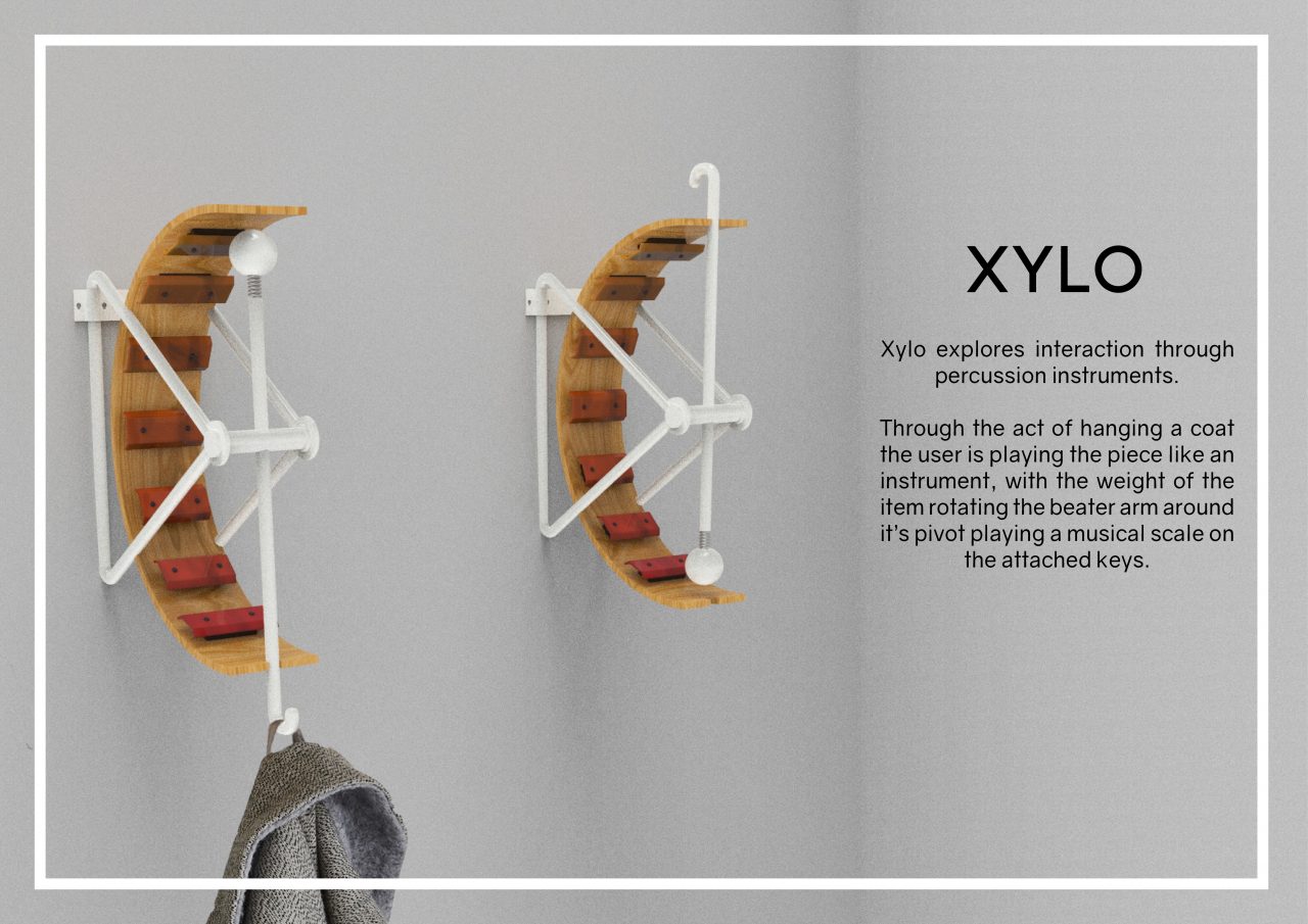Xylo - a curved frame with a beater arm that strikes xylophone keys as it moves