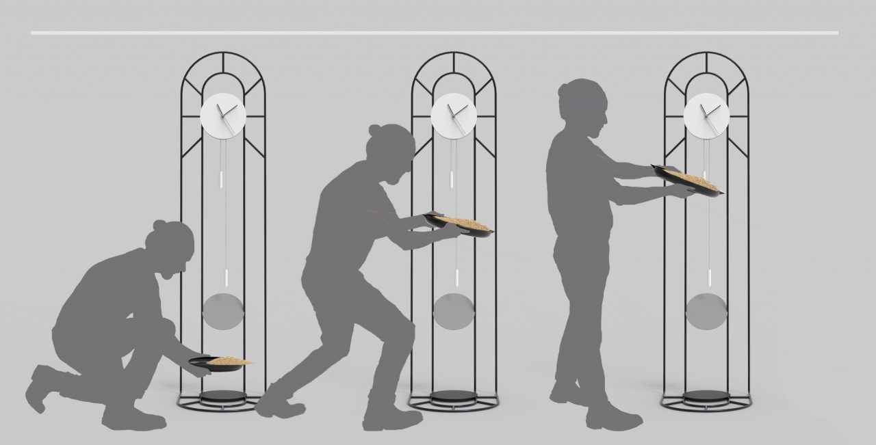 Interaction - a diagram displaying a man lifting the dish found at the bottom of the clock that is full of sand and pouring into the suspended hollow vessel